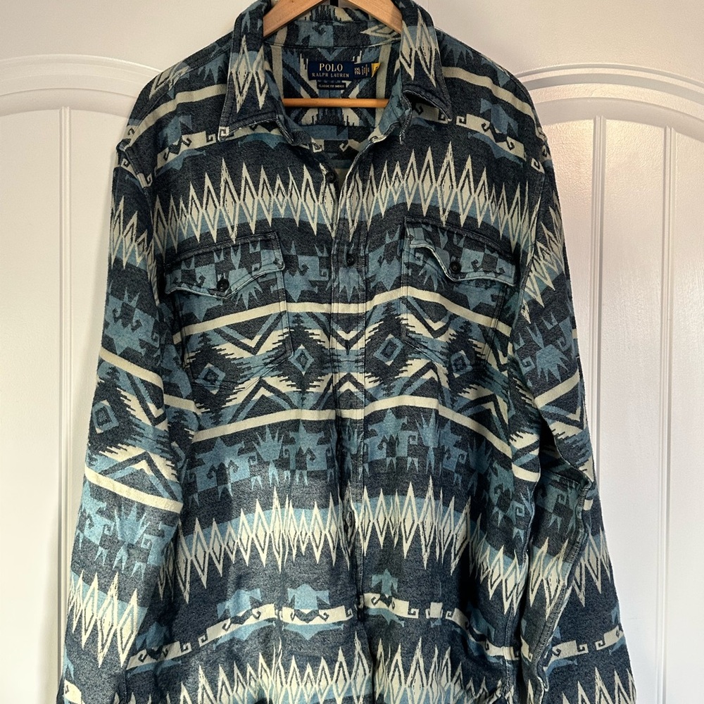 Ralph Lauren Men's Blue and Cream Patterned Shirt Jacket